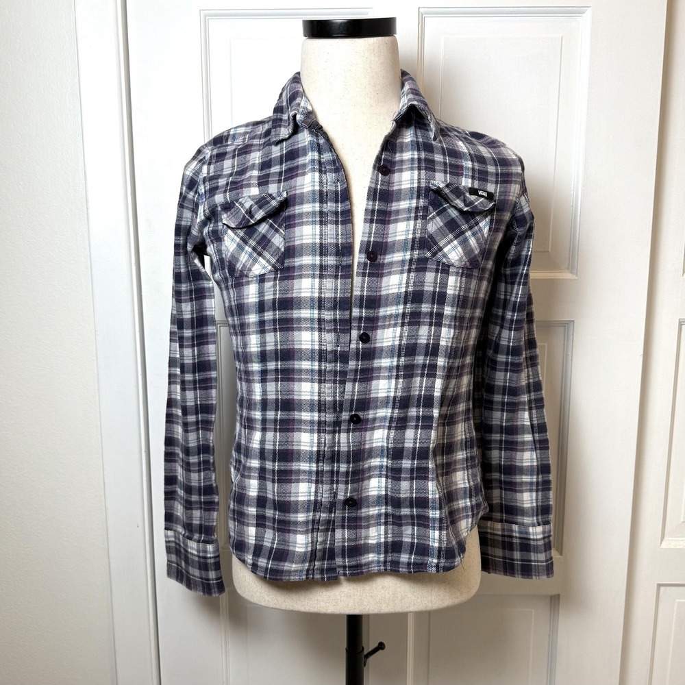 Vans Shirt Womens Large Plaid Flannel‎ Long Sleeve Western Button Up Purple Blue